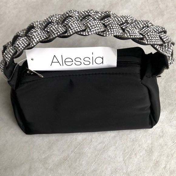 Alessia Handbags - Alessia Black Mini Evening Bag Top Zip With Rhinestone Handle